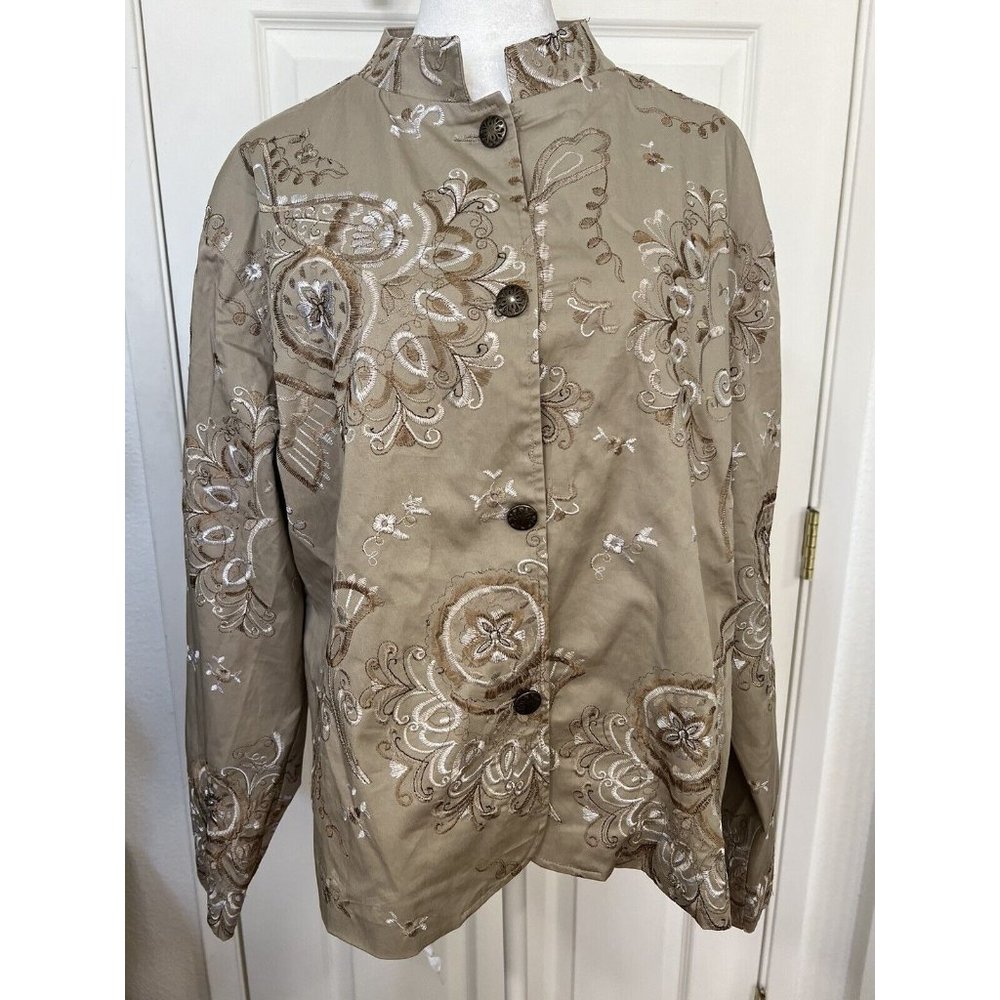 CHICO'S ROSINA METALLIC DREAM BEIGE NEUTRAL EMBROIDERY JACKET SIZE 3